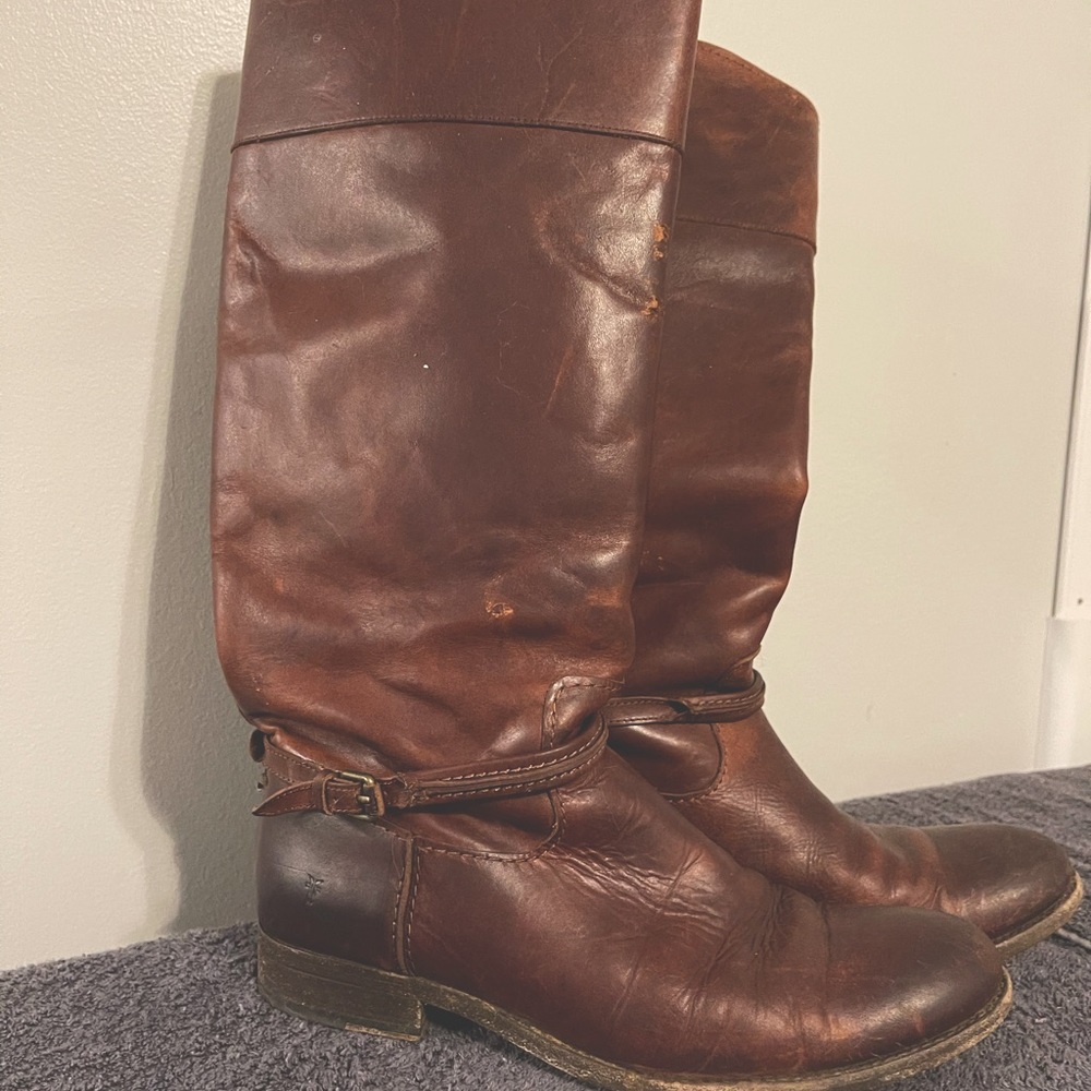 Frye tall brown leather boots. Moderate wear.